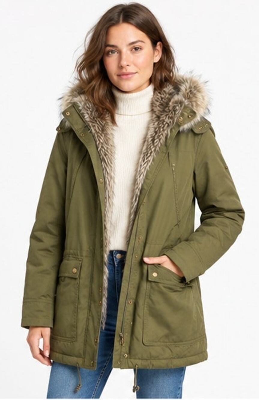 Banana Republic Faux Fur Trim Filled Quilted Parka w/ Hood Dark Cypress Green M